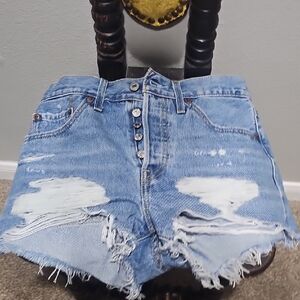 High-Rise Distressed Light Blue Denim Shorts